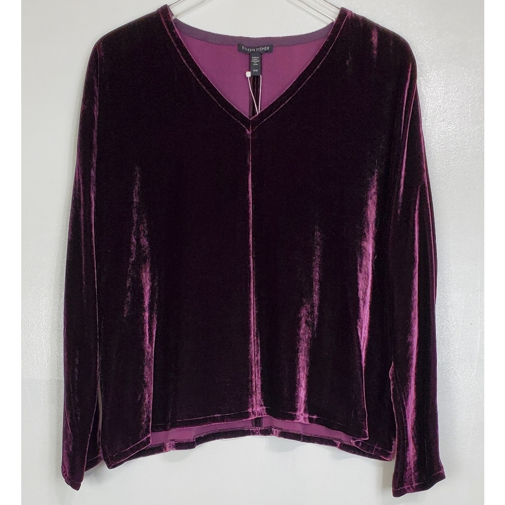 NWT Eileen Fisher silk blend velvet vneck dolman sleeve top sweet plum oversized
